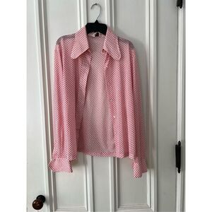 Vintage Romy cream and red polka dot button down wide collar shirt S